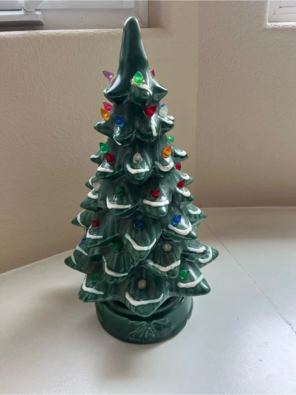 Vintage Ceramic Green Holiday Light-Up Christmas Tree with Lights